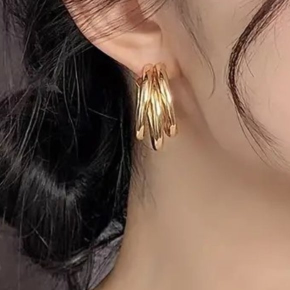 Earrings Triple Hoop Gold Glam Classy Stylish Minimalist Trendy Simple Sexy New - Picture 7 of 7
